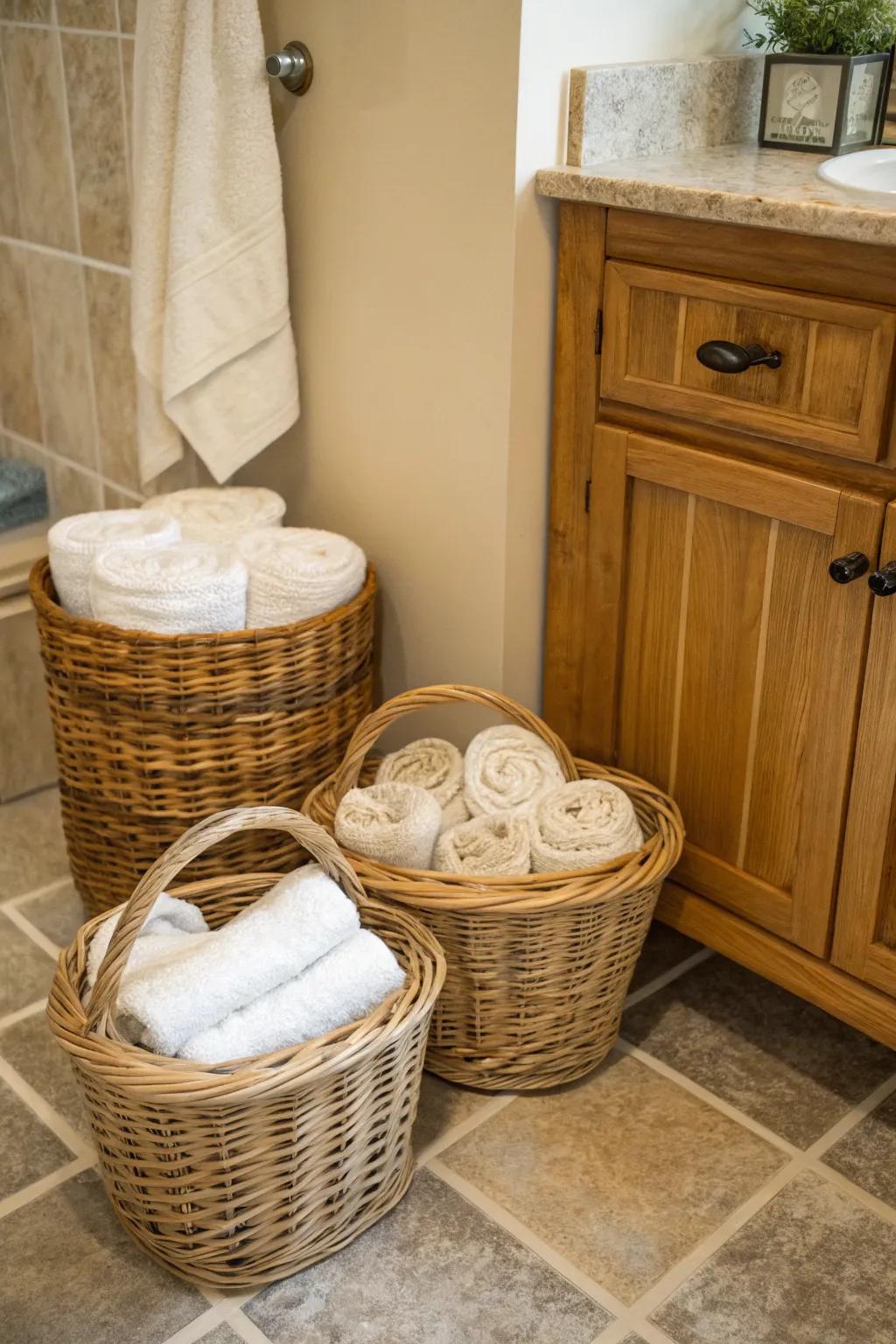 Woven baskets impart a delightful, countryside touch to towel arrangements.