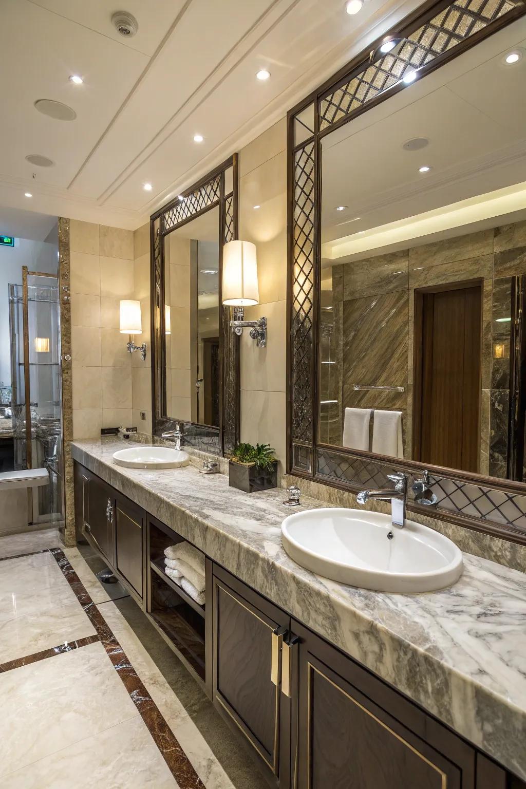 Refined materials similar to granite and polished metal give a dash of luxury to every lavatory.