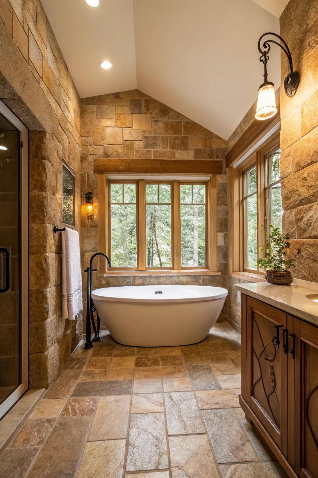 Connect with the natural world through abundant quarry stone tiles, fostering a tranquil spa-like environment.