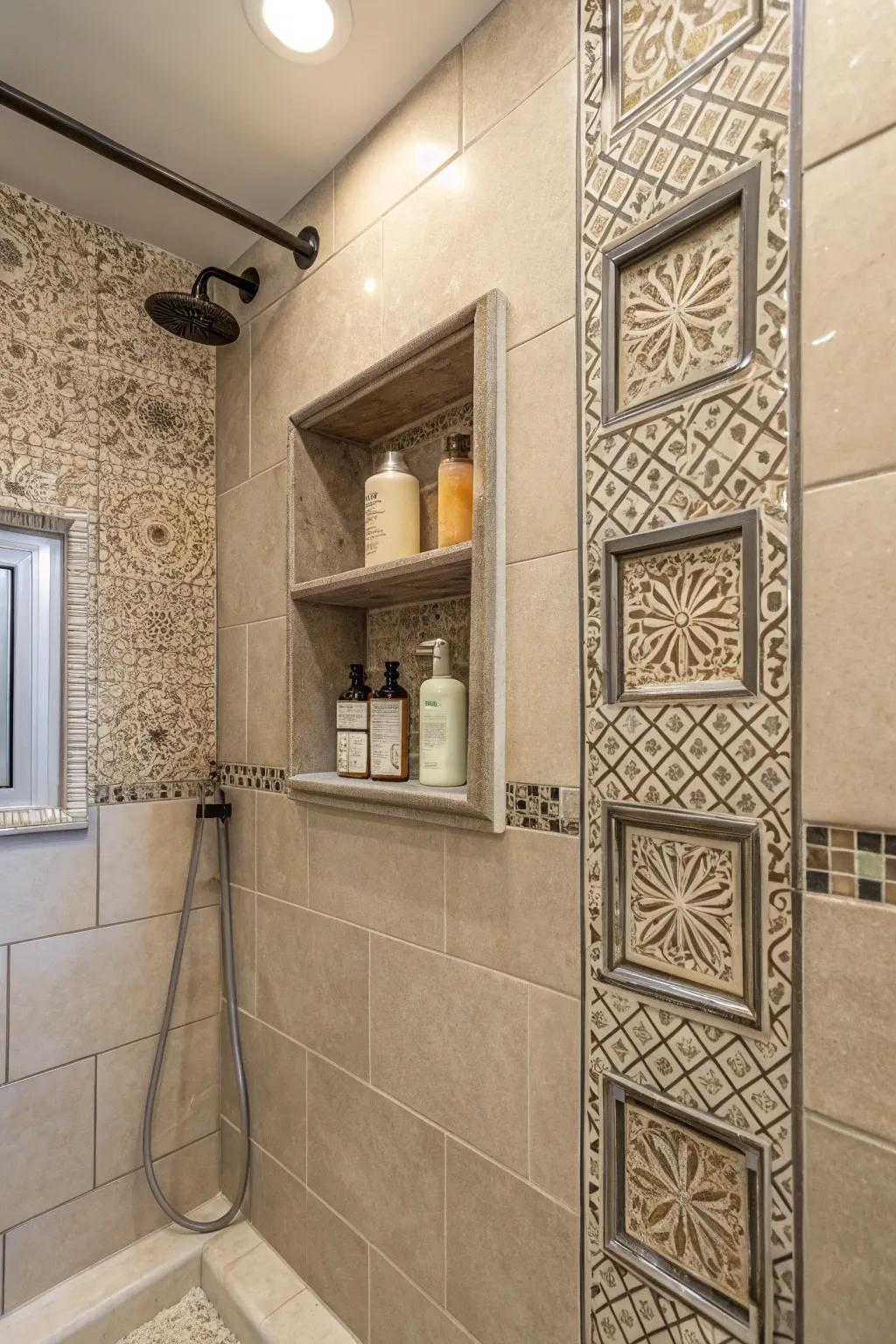 Practical yet chic, alcoves adorned with tile edgings enrich any shower space.