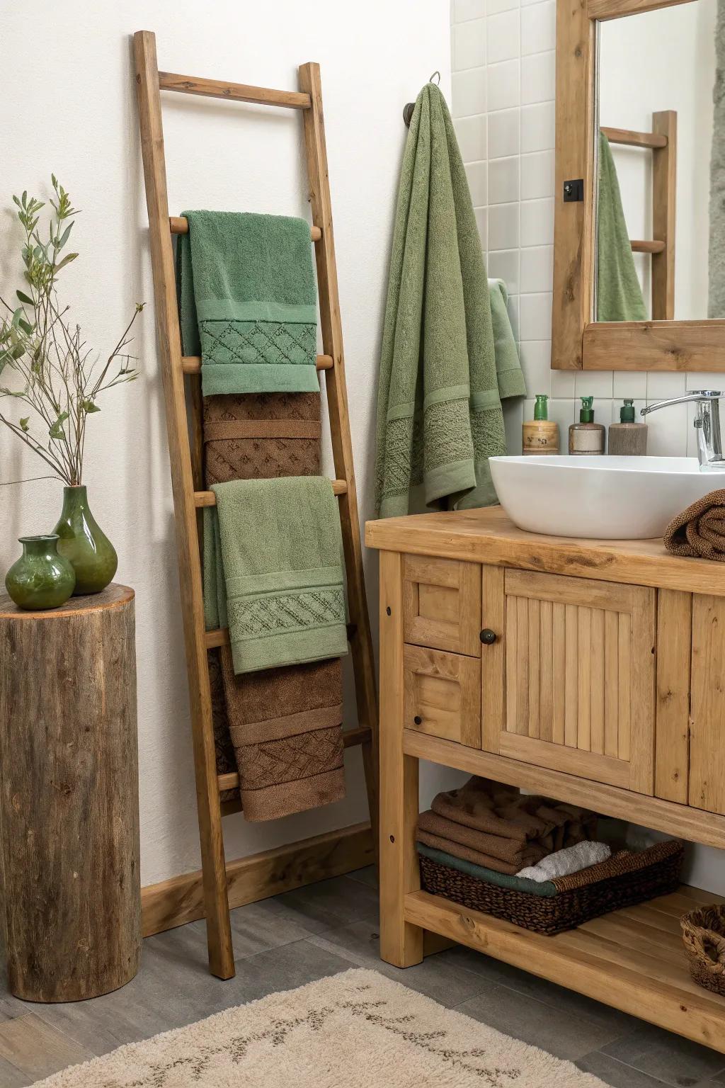 Verdant and umber weaves impart a warm, organic sensation to your bathroom.