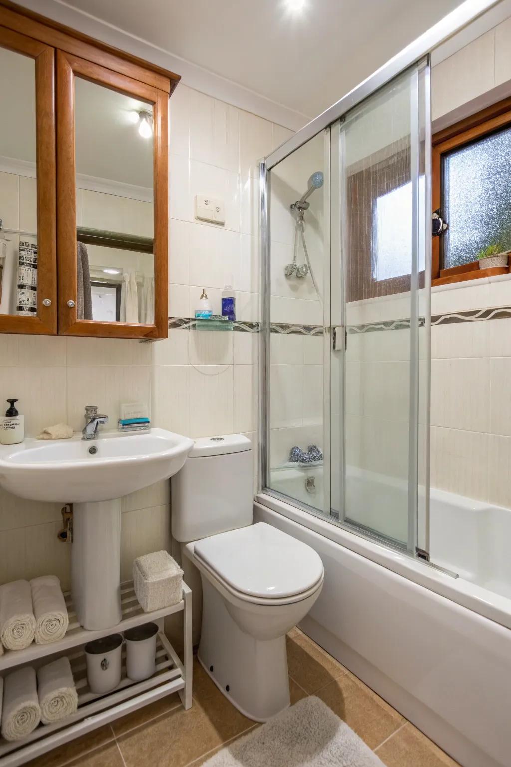 Gliding partitions are perfect for making the most of space in confined bathrooms.
