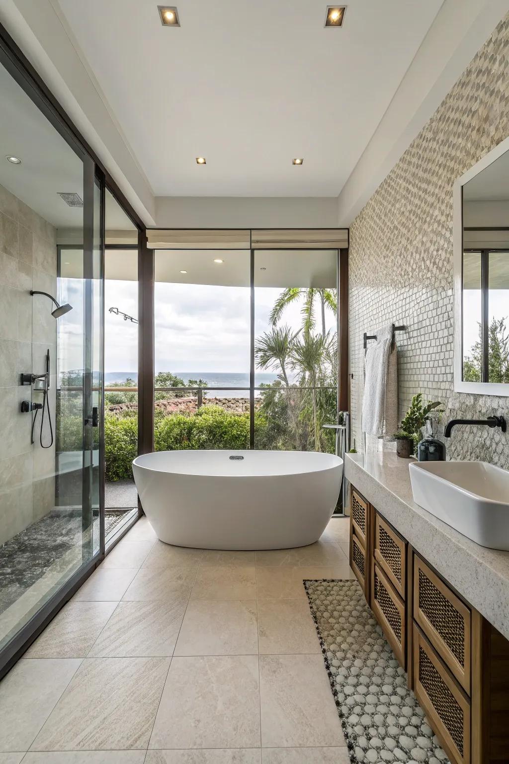 Achieve a cohesive design with an elegant tiled border for your bathtub.