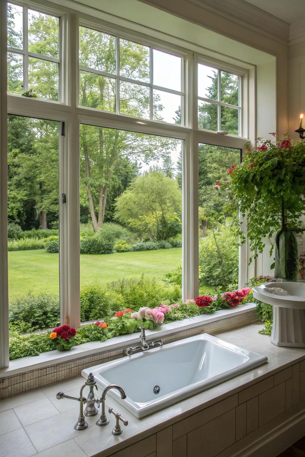 A bathtub thoughtfully positioned near a large window, offering a captivating garden view.