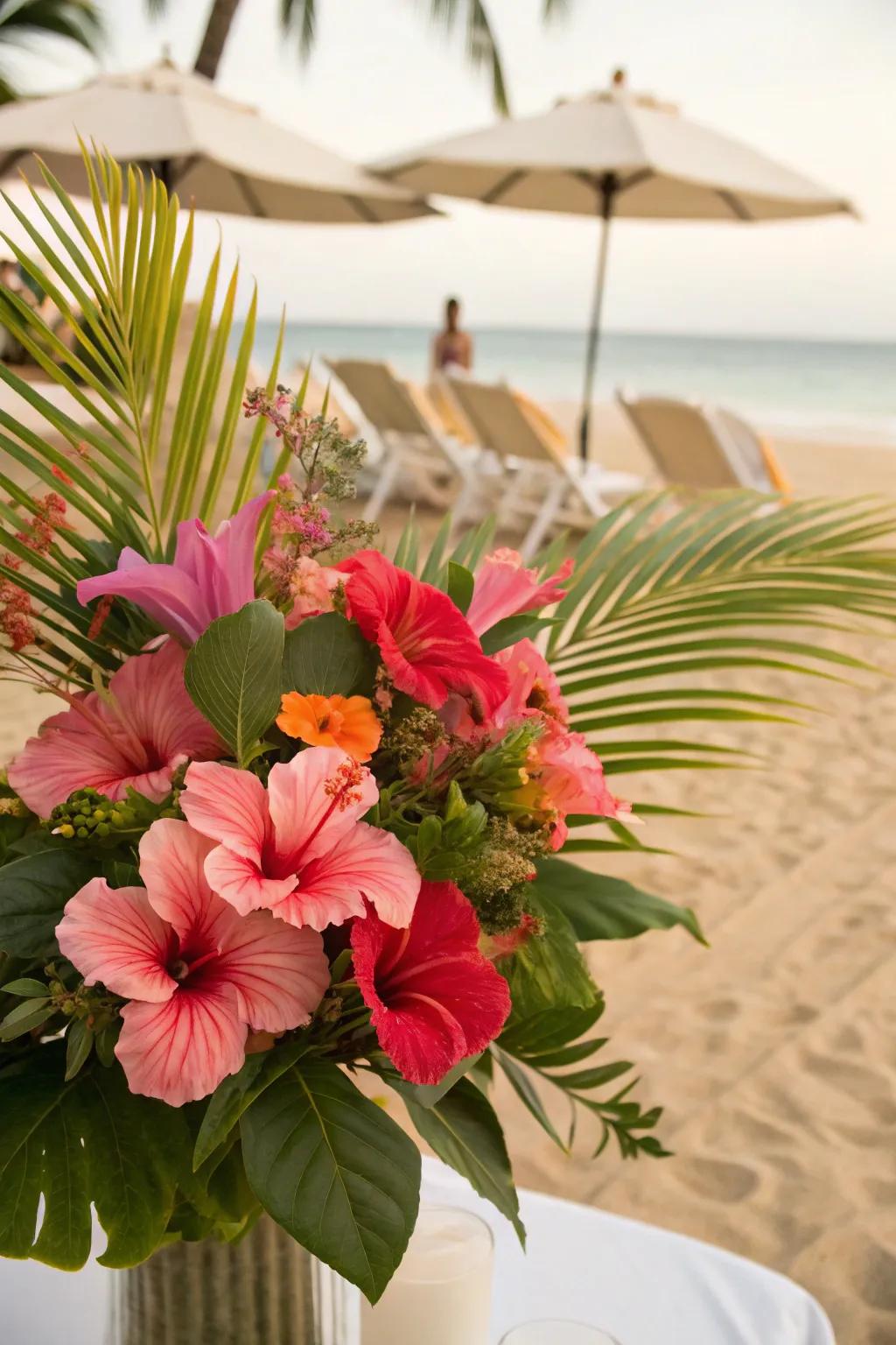 Exotic flowers inject vivid colors and coastal sophistication.