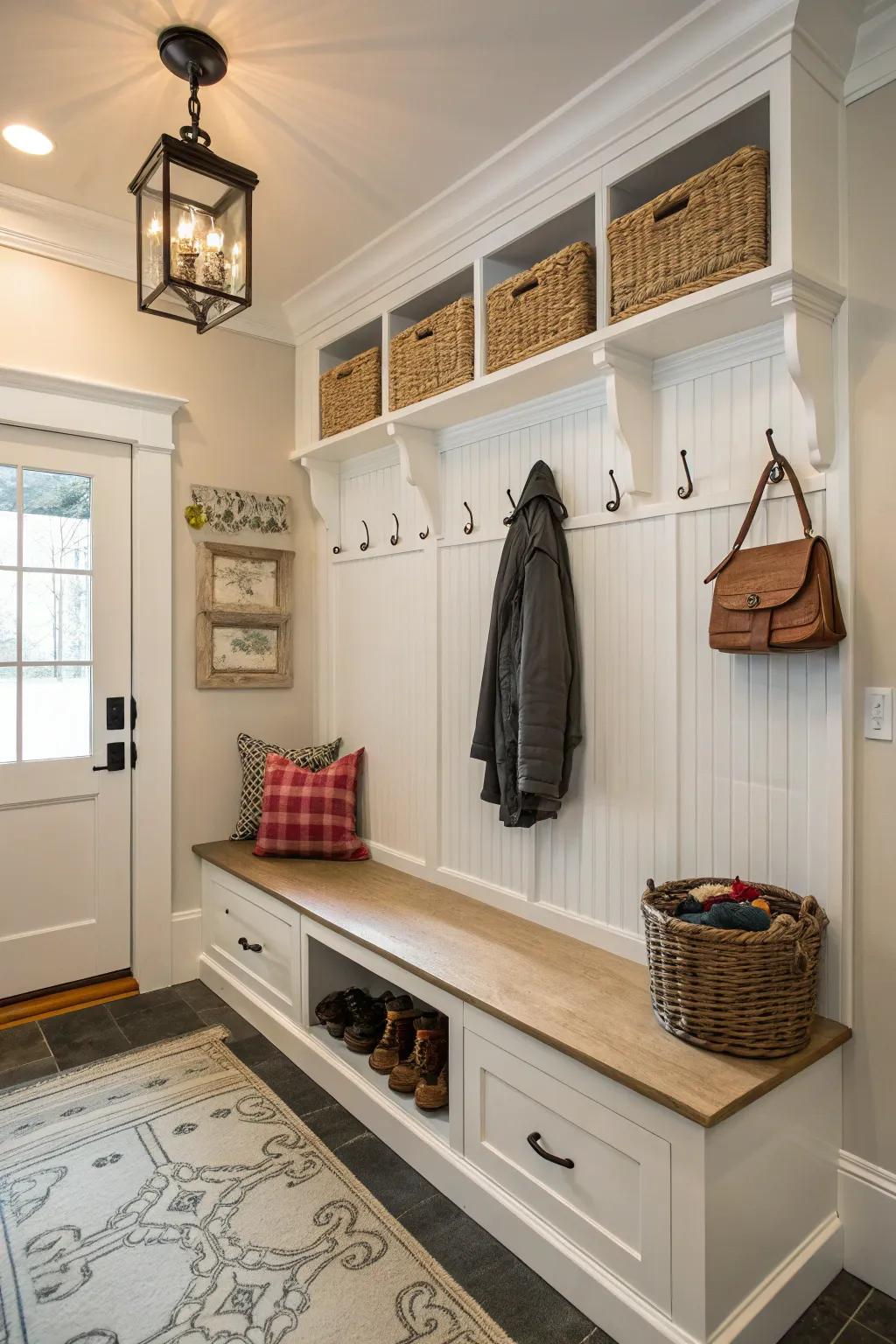 A grand entryway featuring beadboard walls and functional storage.