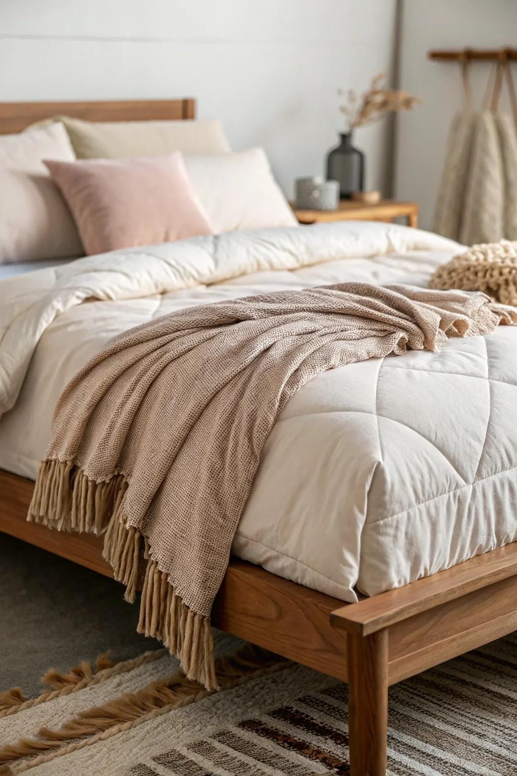 Layers of textiles create a visually rich and comfortable bed.