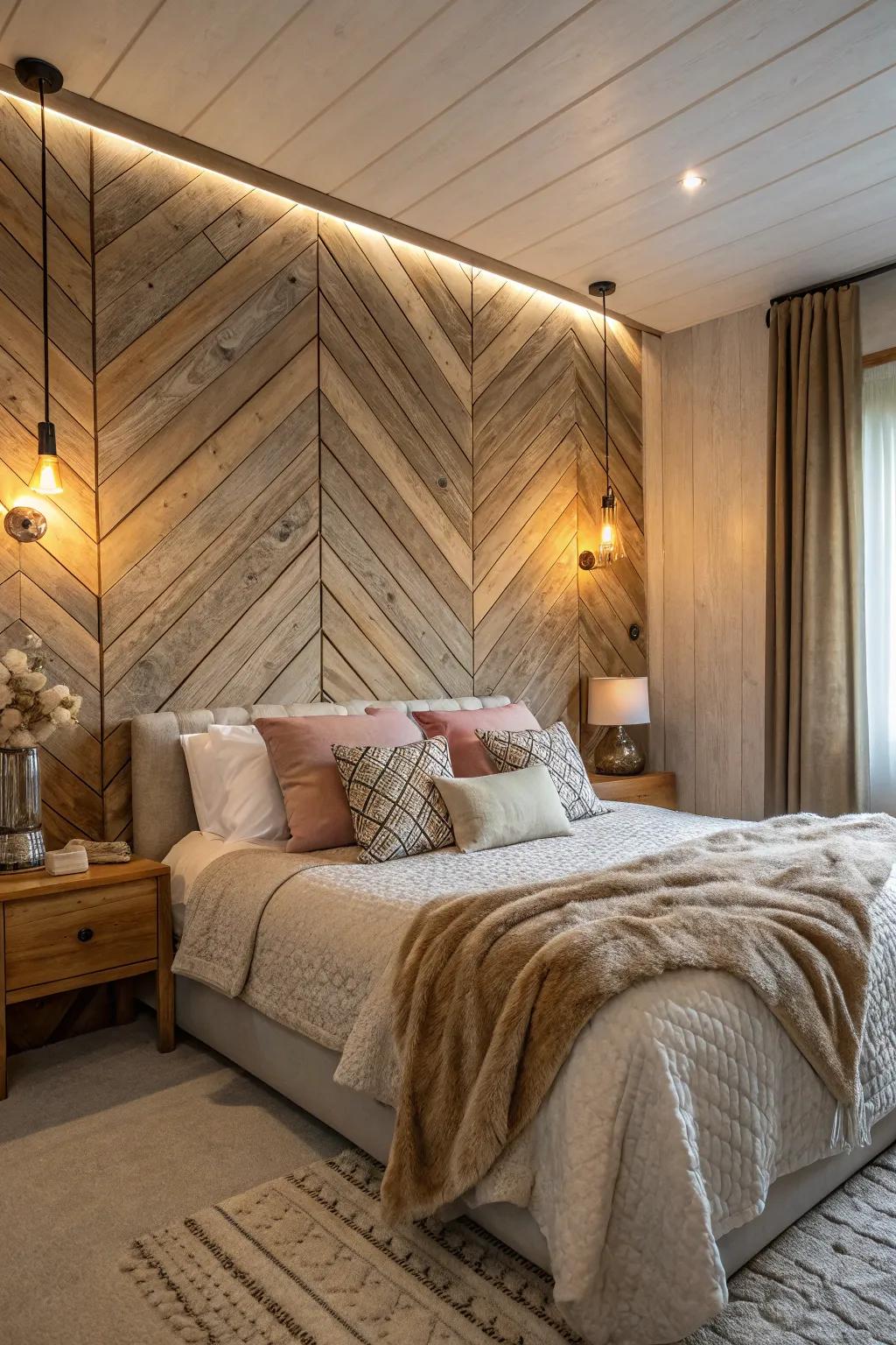 Textured wood cladding enhances the room’s comfort and panache.