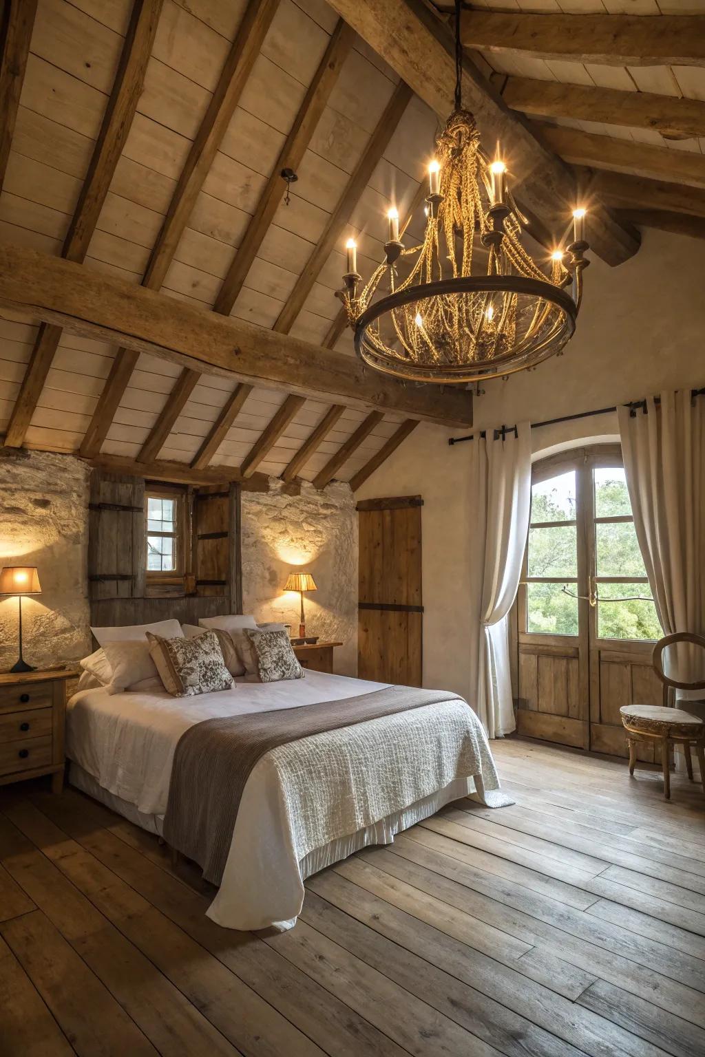 Add rustic charm with a wooden chandelier.