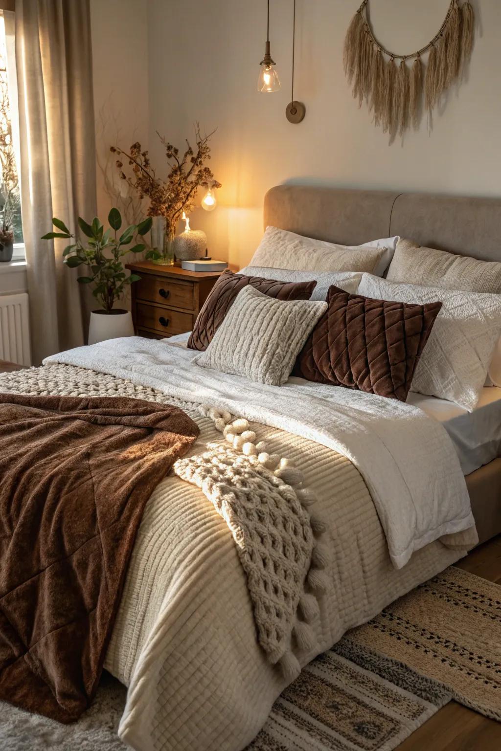 A bedroom brimming with coziness and its complex design aspects.