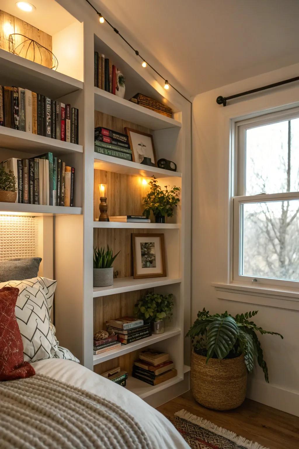 A cozy bedroom nook featuring built-in shelves, providing a personal library space.