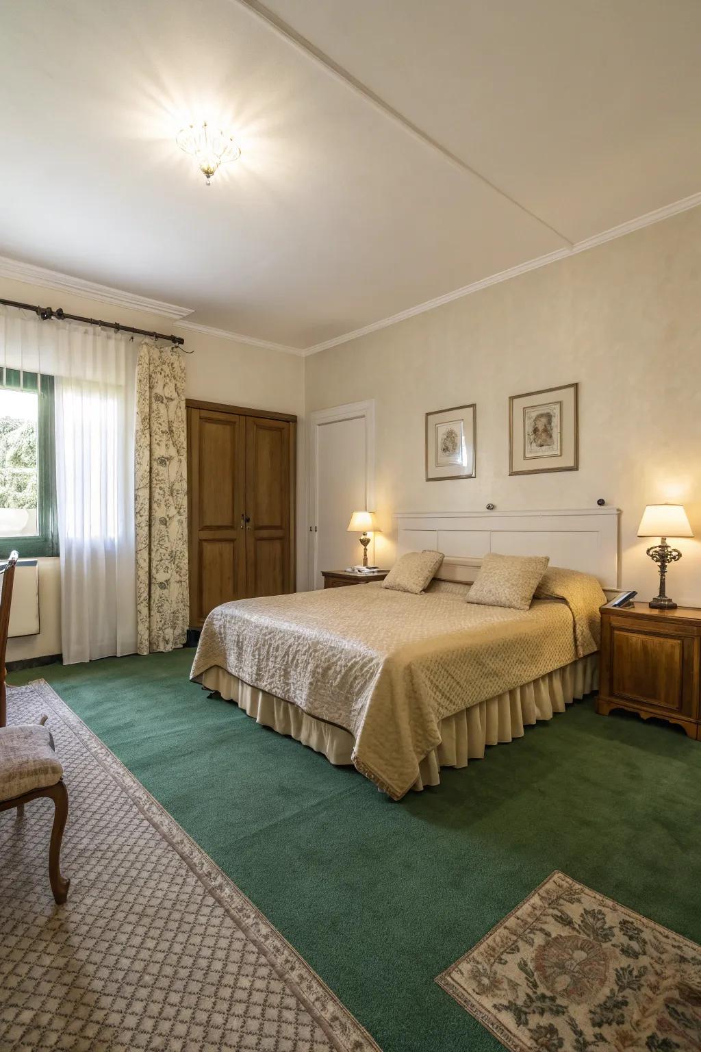 In this serene bedroom, subdued hues beautifully complement the standout verdant floor covering.