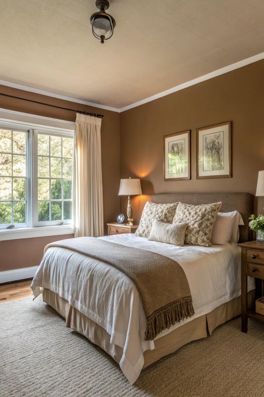A personal space converted into a peaceful escape utilizing delicate brown shades.