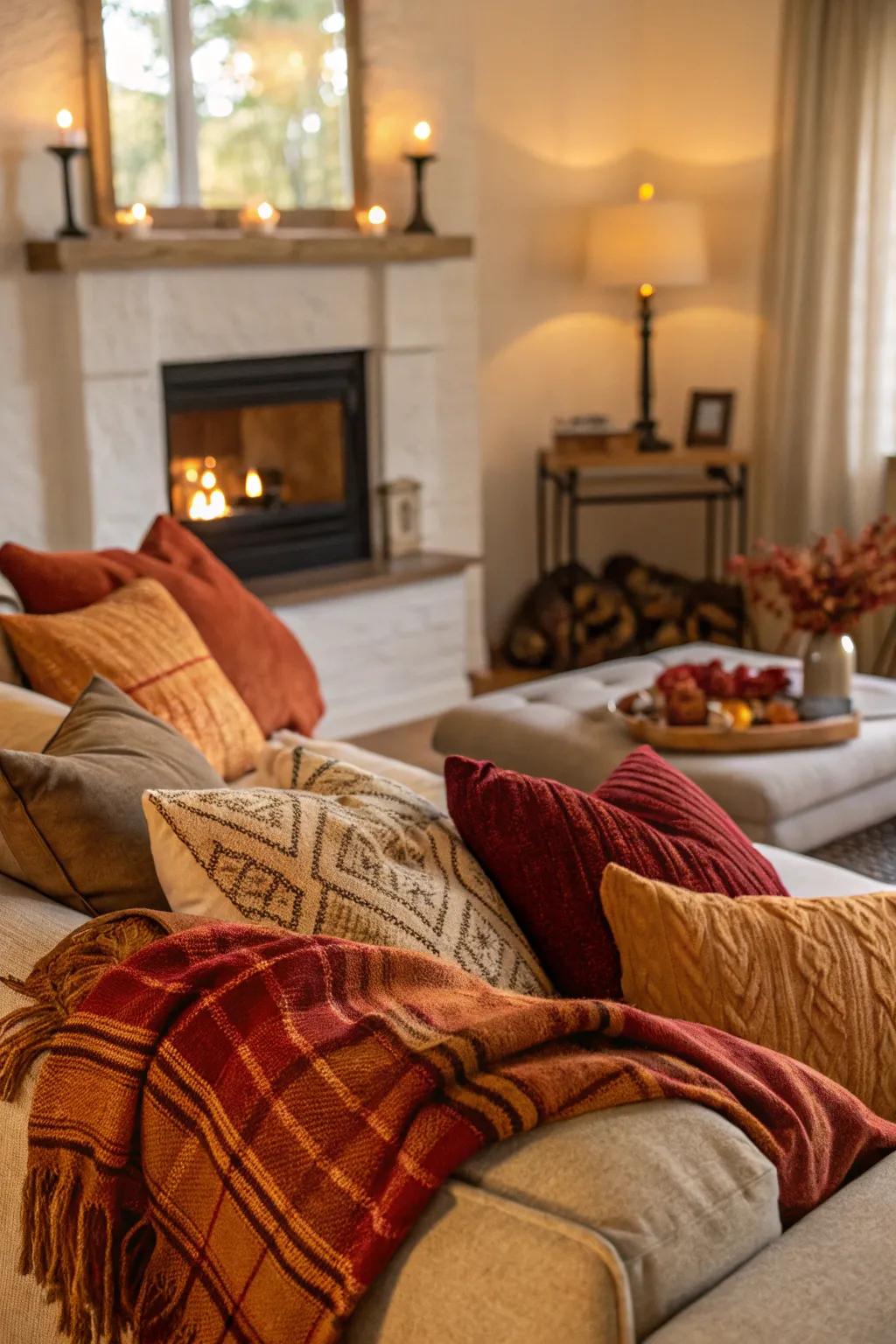 Foster a snug setting in your family room through the integration of cushions and throws in warm colors.