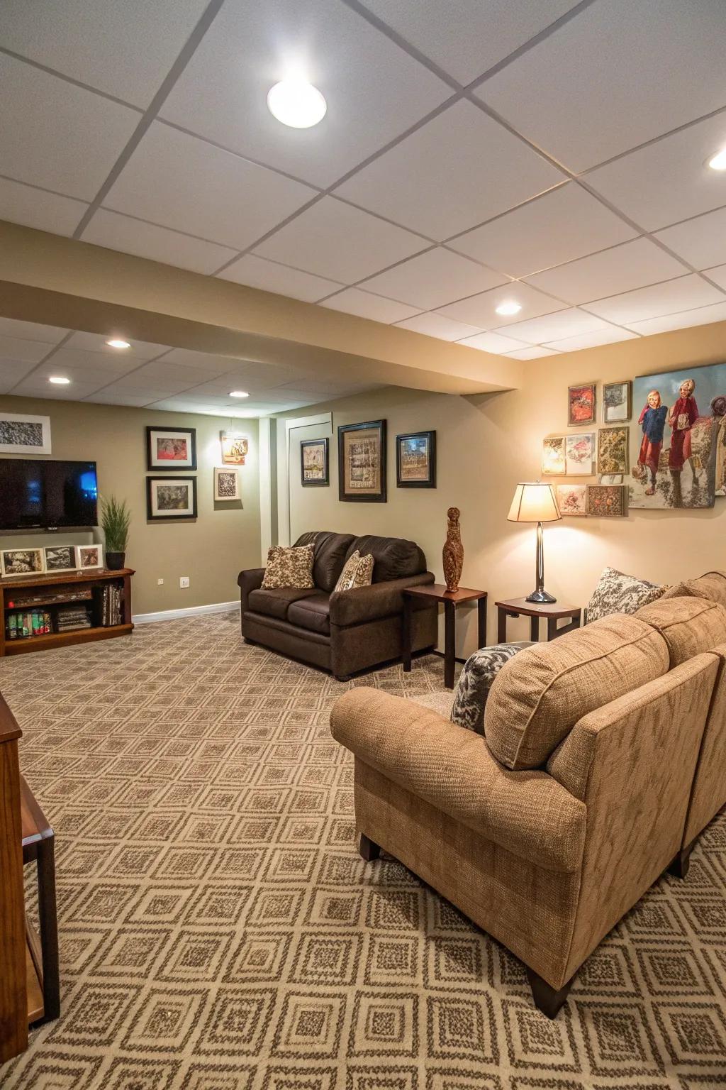 Carpet squares bring warmth and comfort to any basement setting.