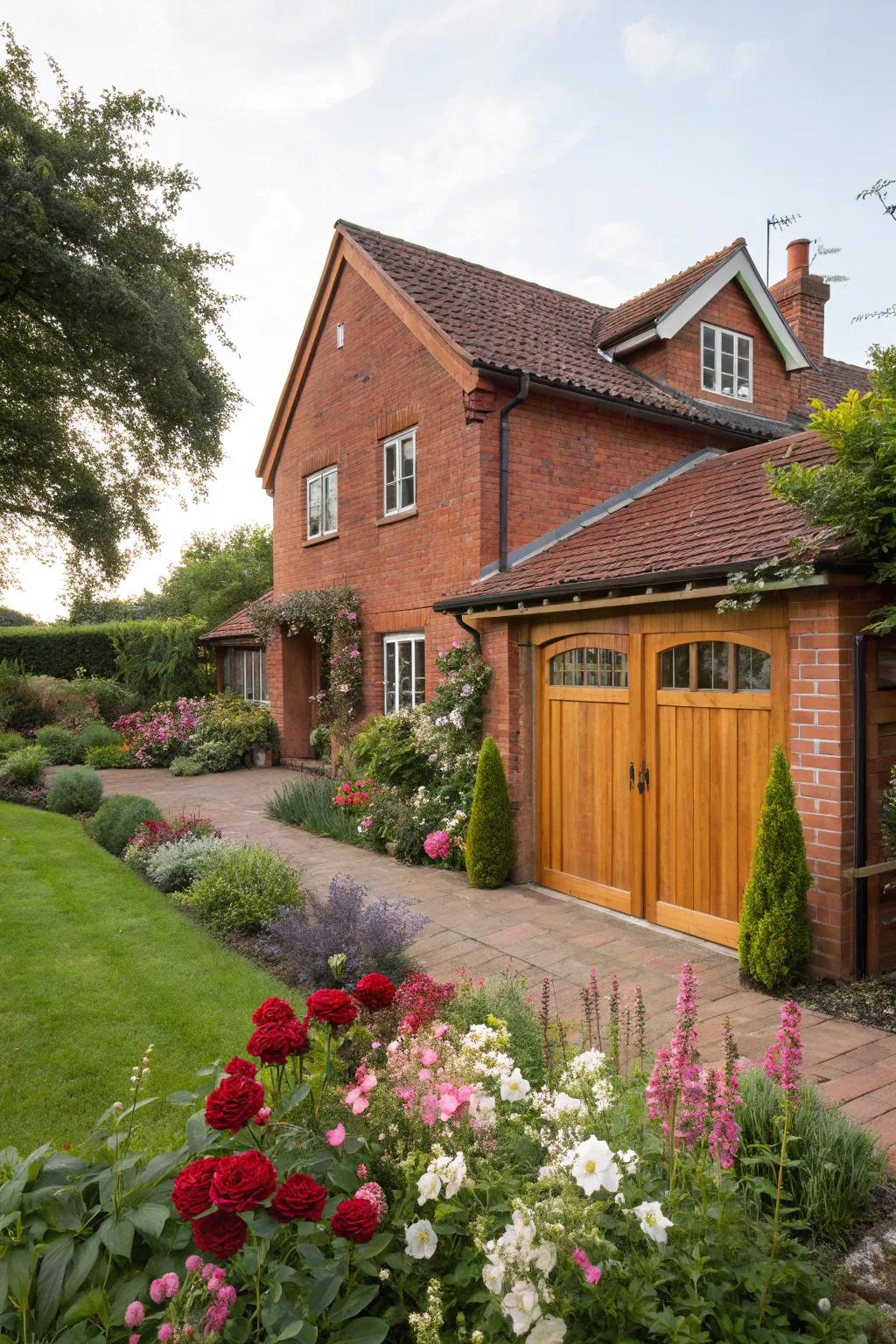 Wood garage doors impart a timeless and inviting look to red brick exteriors.