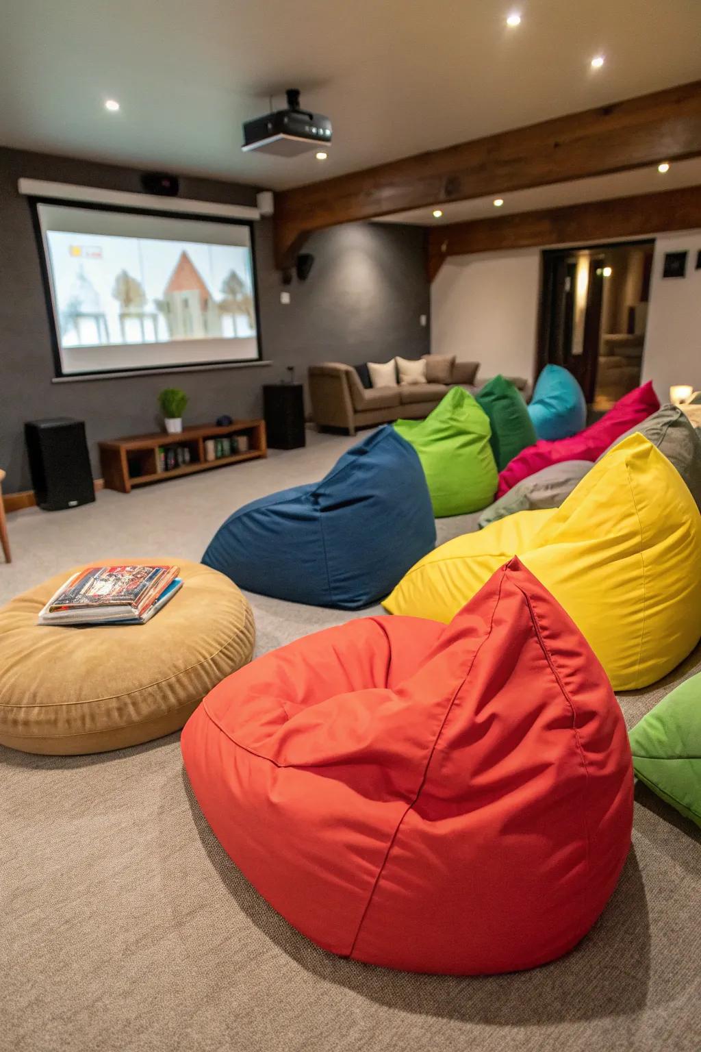 A relaxed home cinema featuring vibrant bean bags for adaptable seating arrangements.