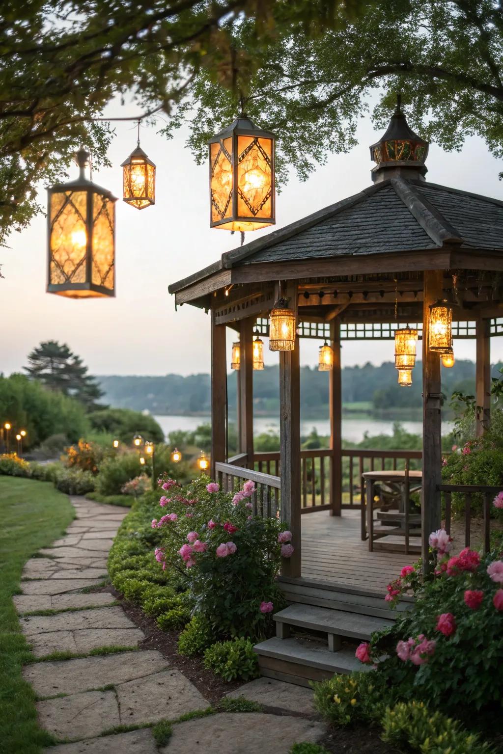 Suspended lanterns offer a timeless sophistication to any gazebo.