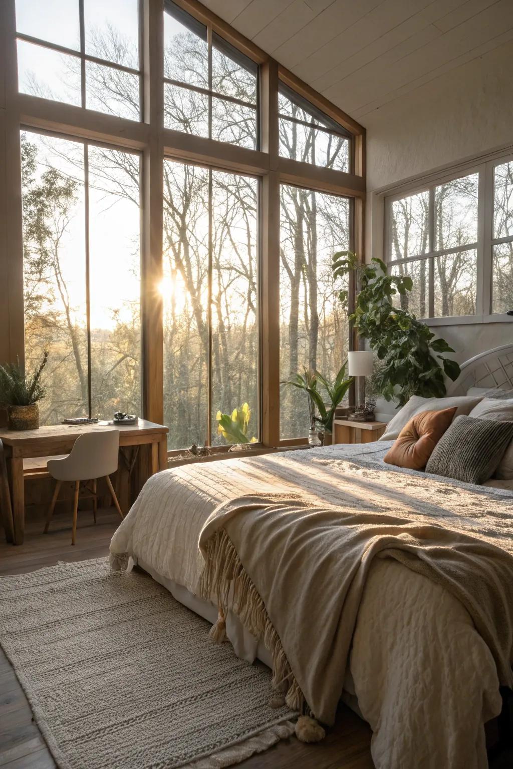 A sprawling bedroom infused with natural light from extensive windows.