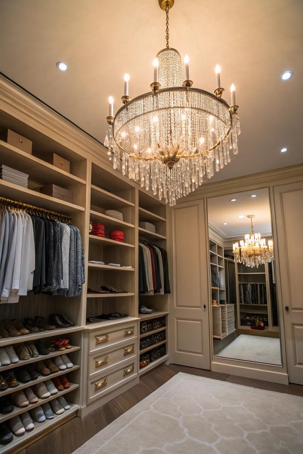 A spacious walk-in closet enhanced by a radiant chandelier suspended from the ceiling.