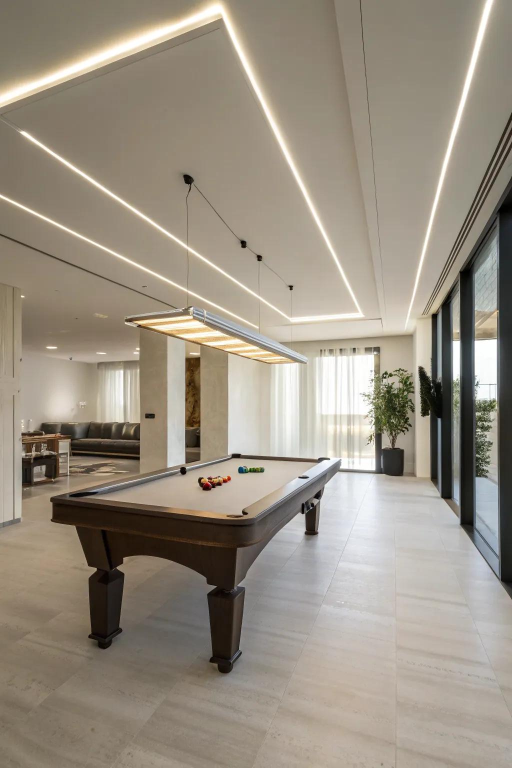 Modern simplicity fosters an open and airy billiard space.