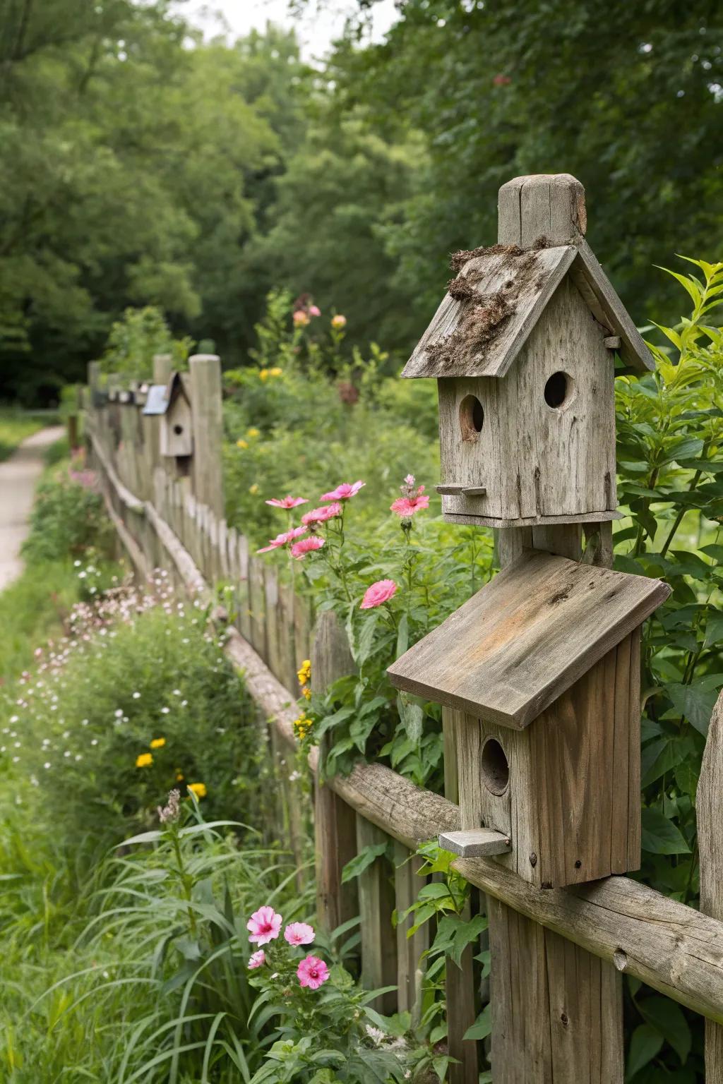 Unrefined timber avian dwellings impart a natural charm onto a garden fence.