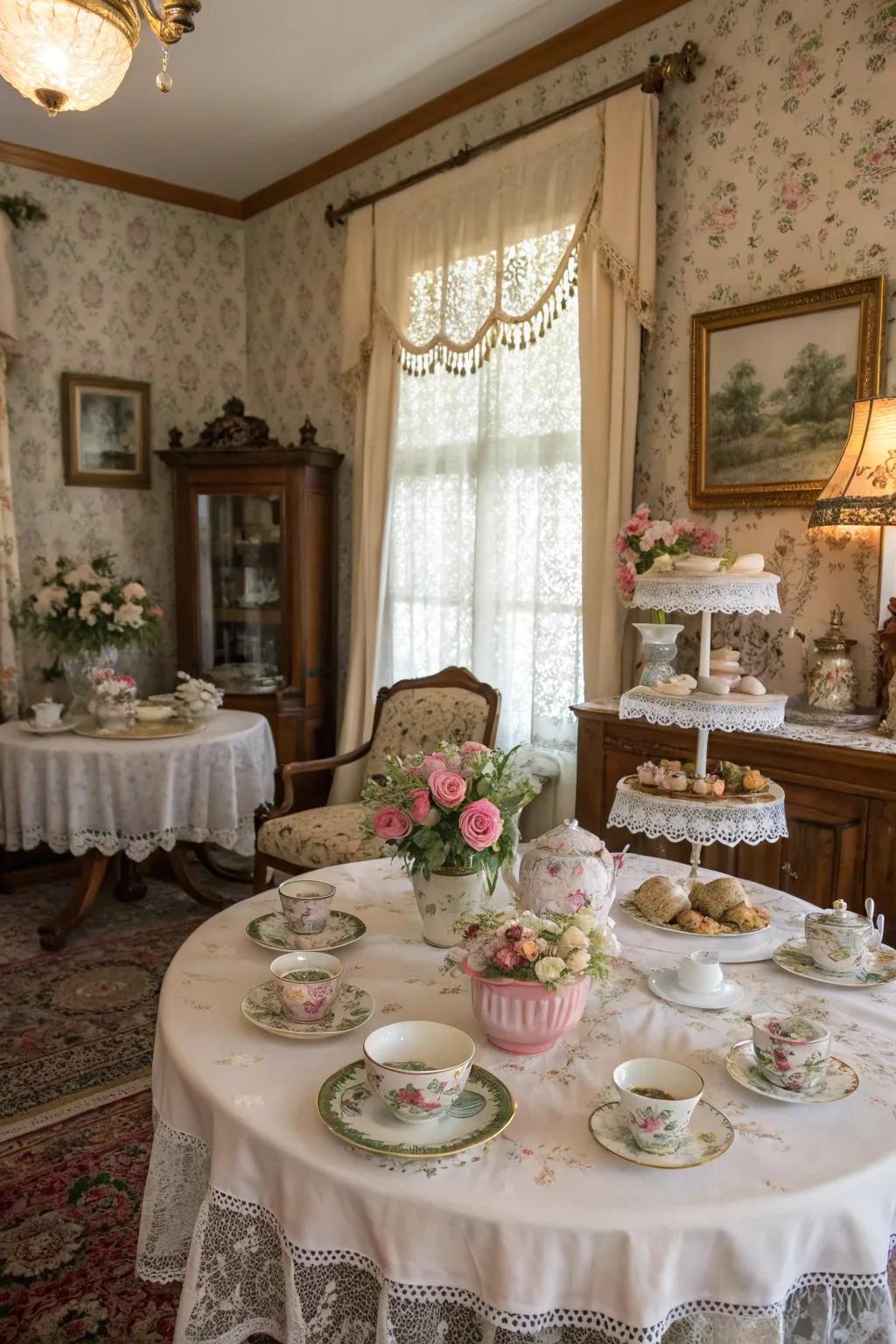 A vintage tea party arrangement showcasing floral ornaments and classic tableware.