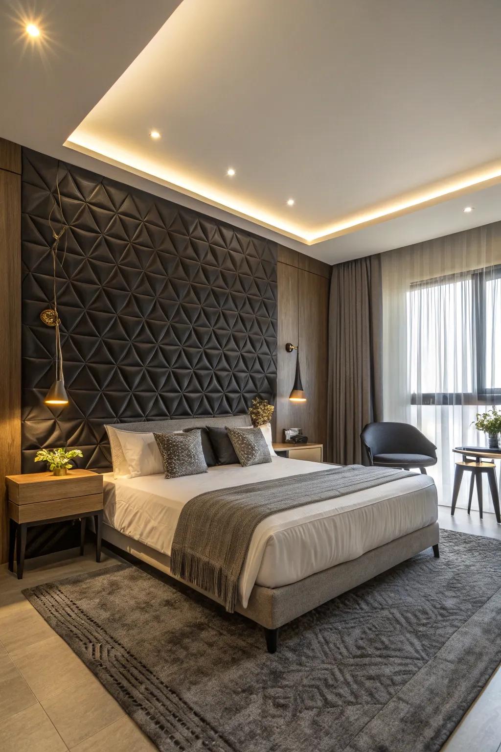 A textured black accent wall incorporating depth and character to the bedroom's design.