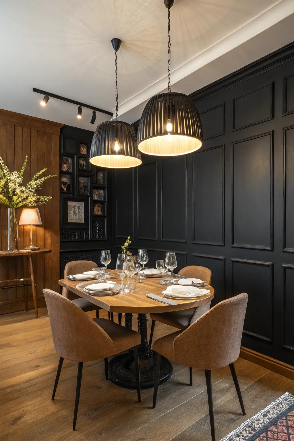 An exquisite dining area showcasing an ebony feature wall and a tastefully designed wooden dining arrangement.