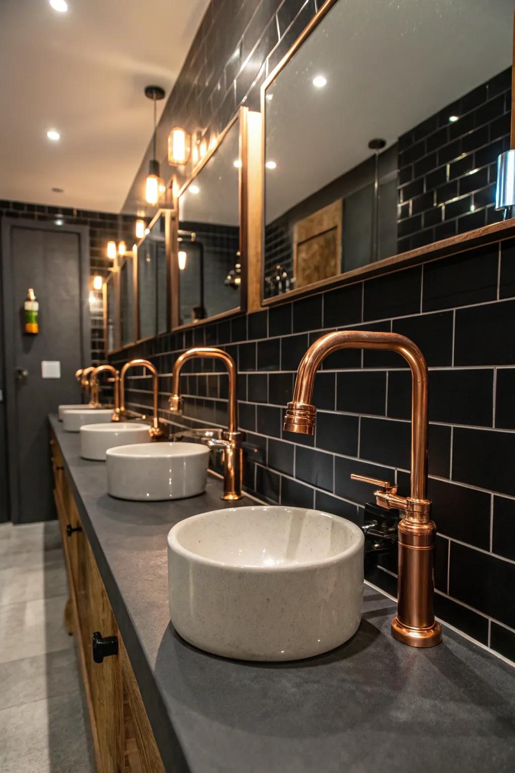 Refined copper fixtures complement sleek black tiles beautifully.