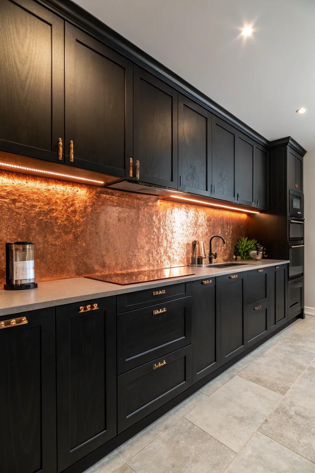 Bronze backsplashes bring warmth and texture to sophisticated black kitchens.
