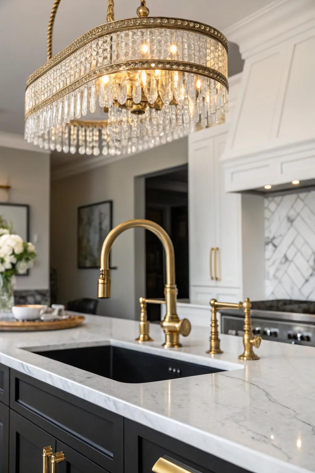 Gilded installations contribute an element of elegance to this sophisticated kitchen.