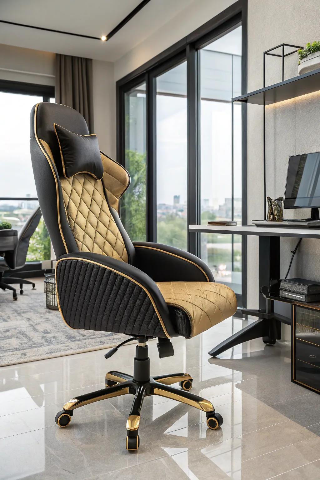 A gilded and ebony executive seat harmonizes elegance with ergonomic considerations.