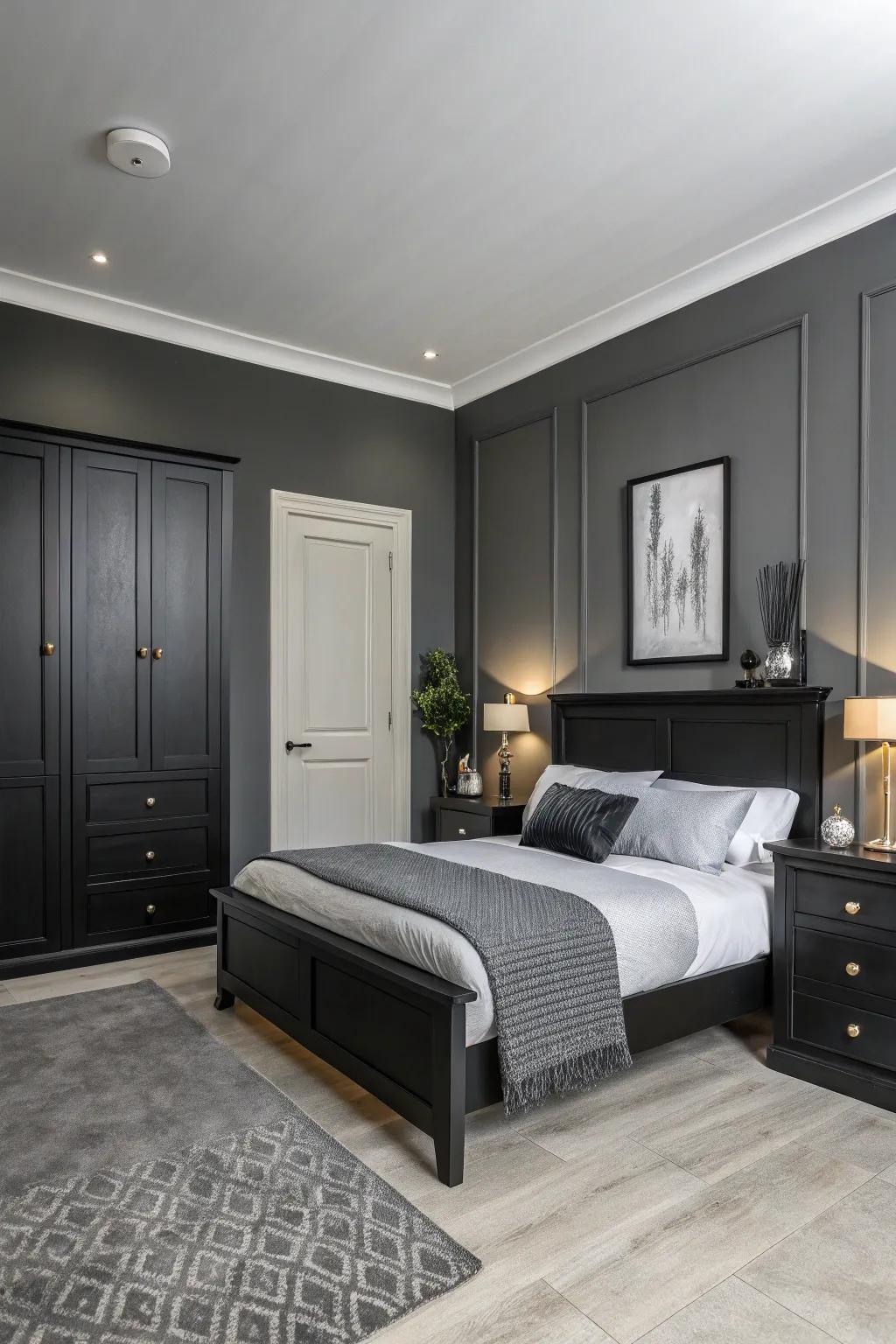A bedroom featuring understated grey walls and black furnishings, providing a modern aesthetic.