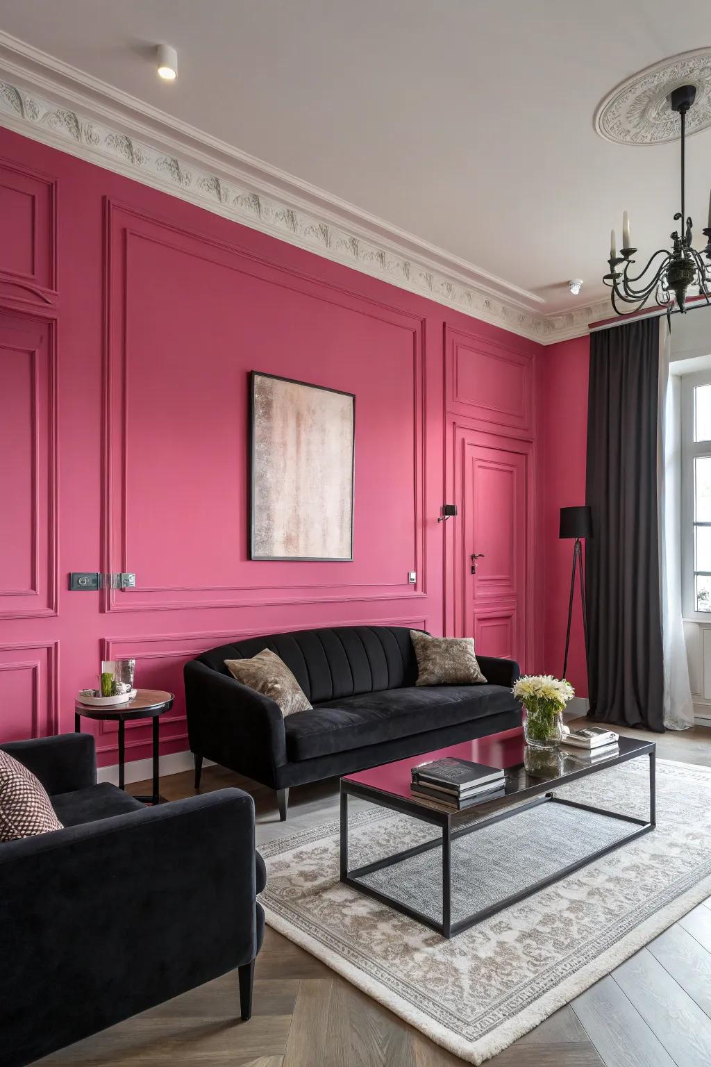 A rose feature wall adds a focal point that enhances the room's aesthetic.