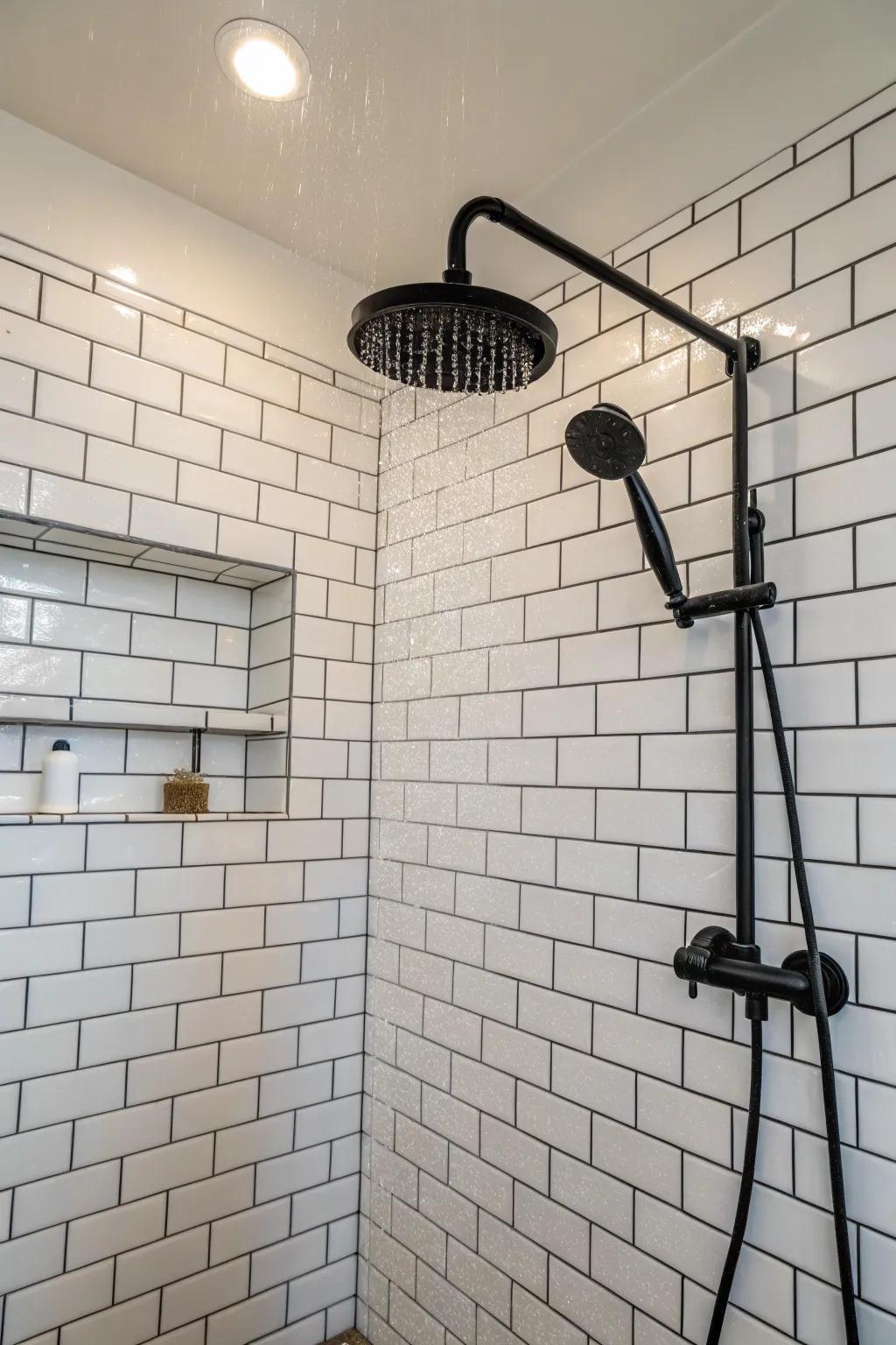 Traditional ivory rectangular bricks fashion a revitalizing, timeless shower aesthetic.