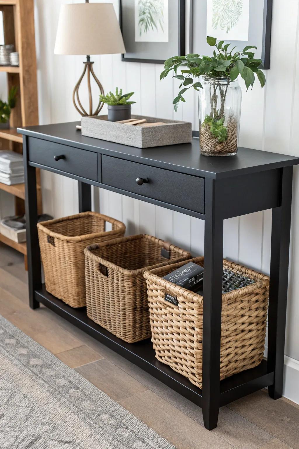 Interwoven containers situated beneath a console provide both visual appeal and storage capability.