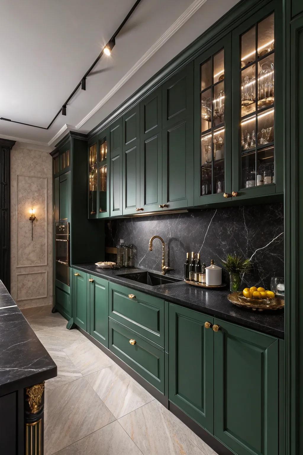 Profound emerald cabinetry with ebony countertops for a daring affirmation.
