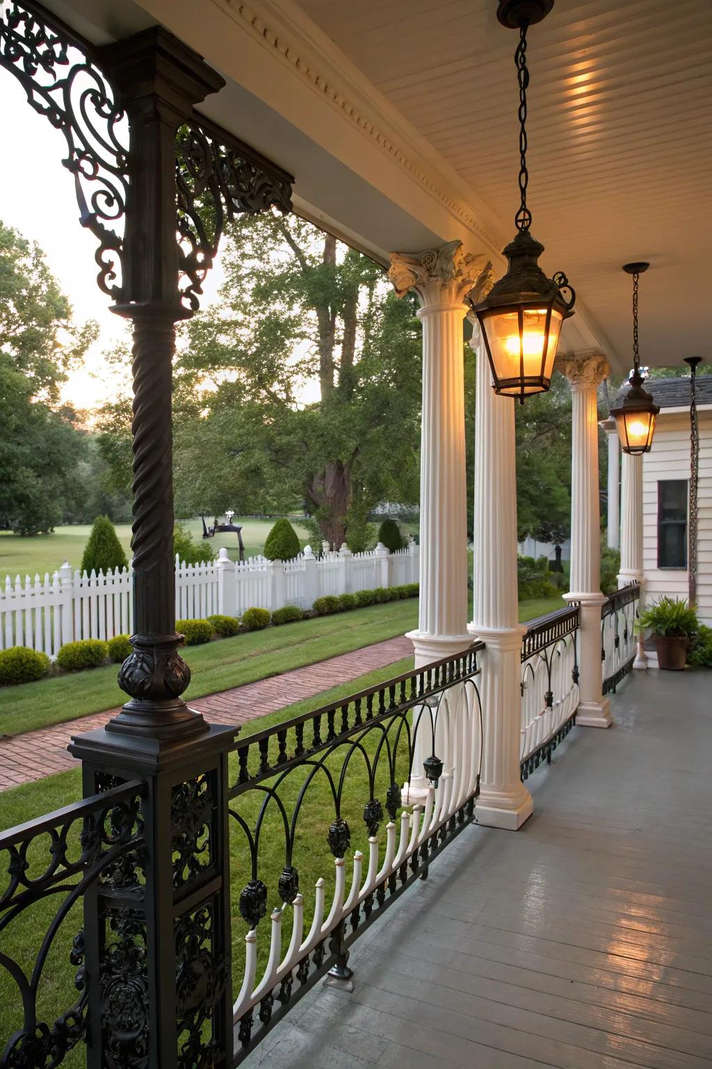 Detailed black railings impart an aura of enduring sophistication to conventional verandas.