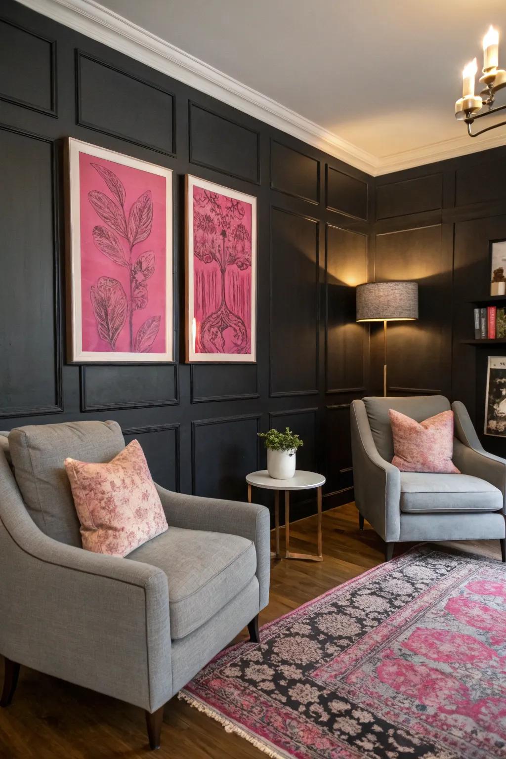 An onyx accent wall showcasing pink wall décor infuses drama and flair.