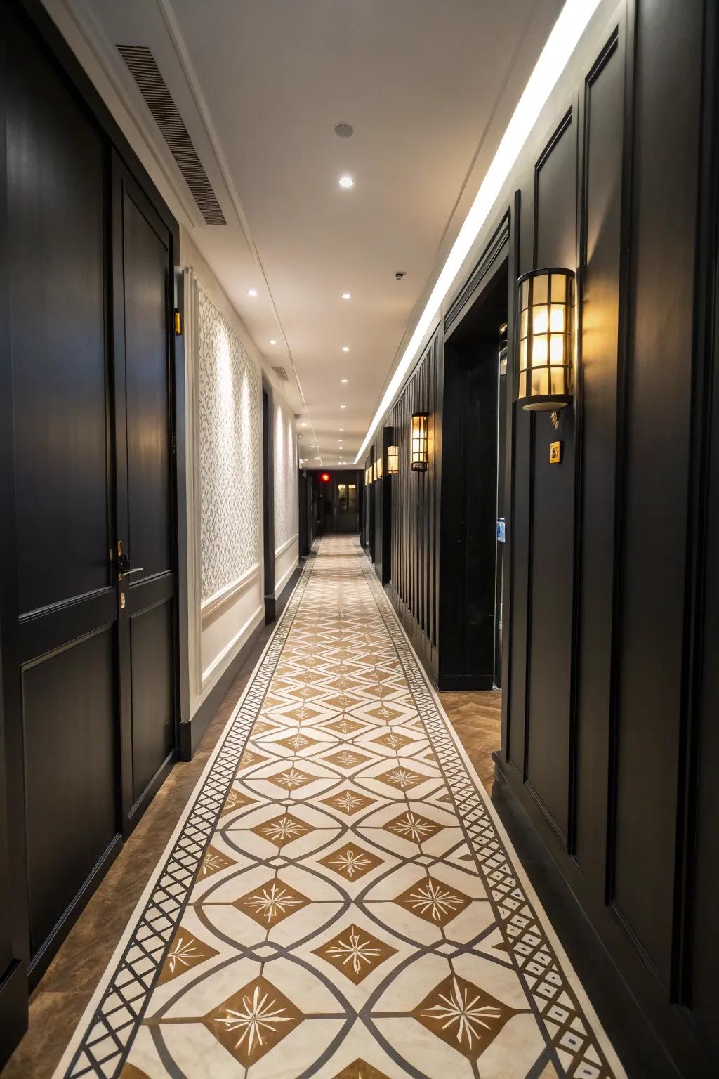 Complementary light flooring accentuates the grace of a black hallway.