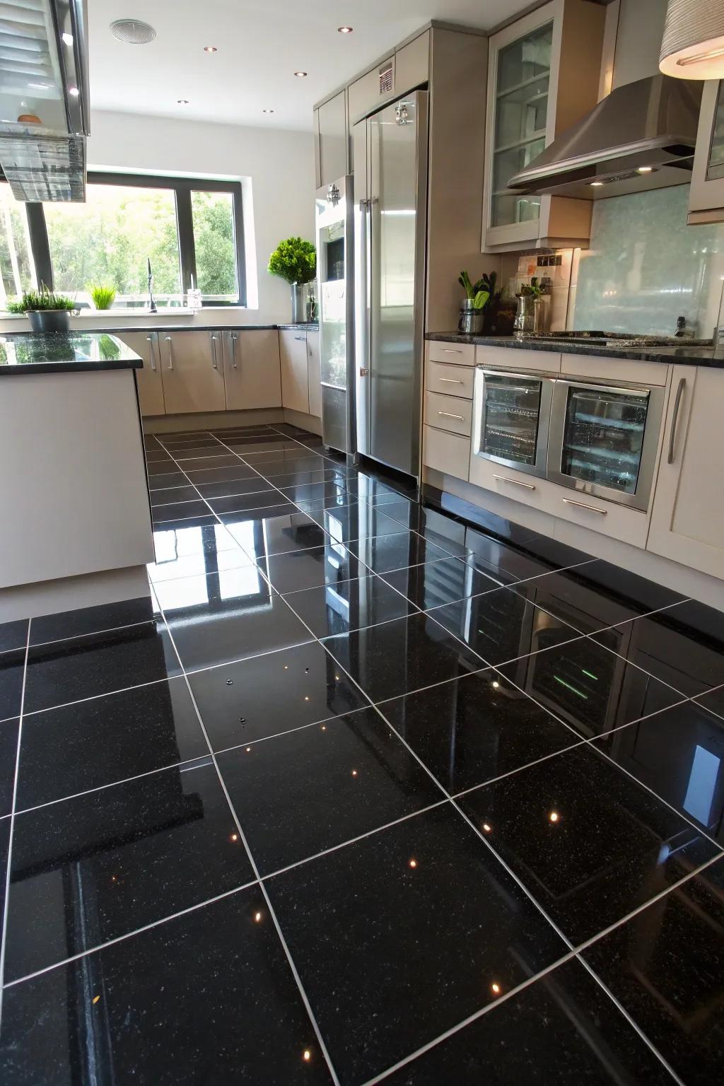 An opulent kitchen displaying intensely polished dark floor tiles that mirror elegance.
