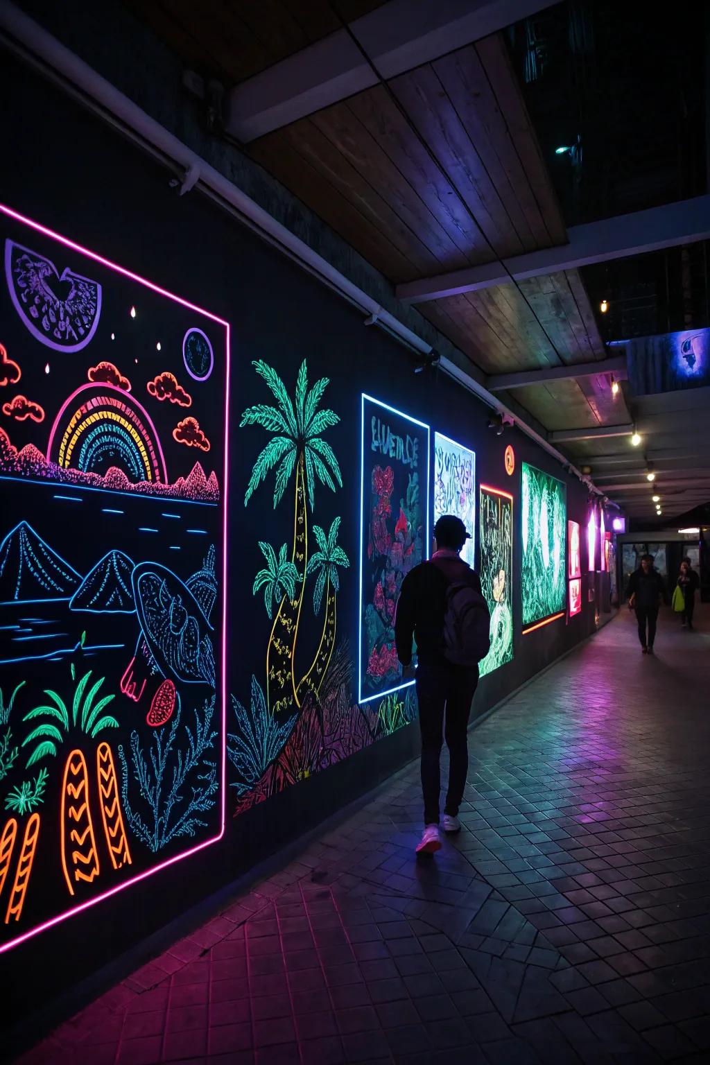 Illuminated artwork turns into a centerpiece under black light.