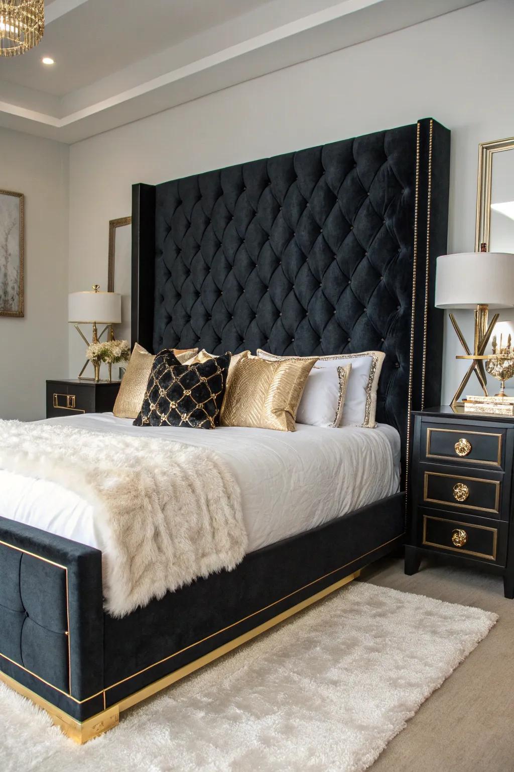 Velvet panels contribute an elegant element to a black-centered bedroom.