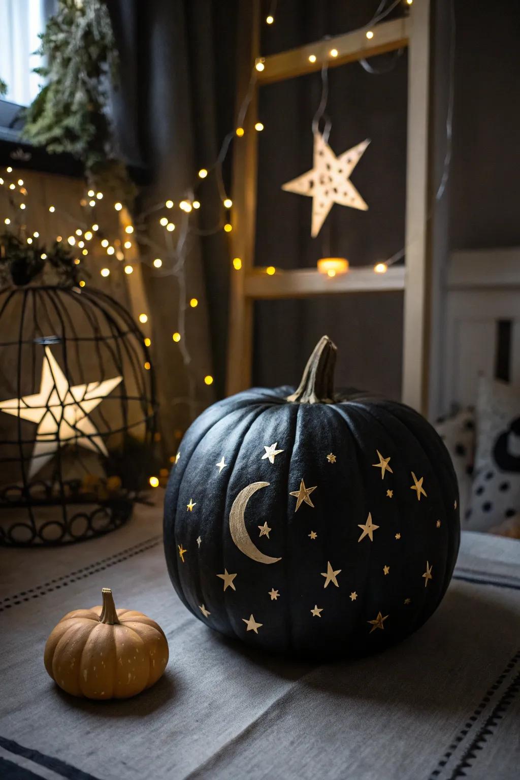 An enigmatic dark-hued pumpkin ornamented with lunar and astral designs, ideal for a celestial-themed decoration.