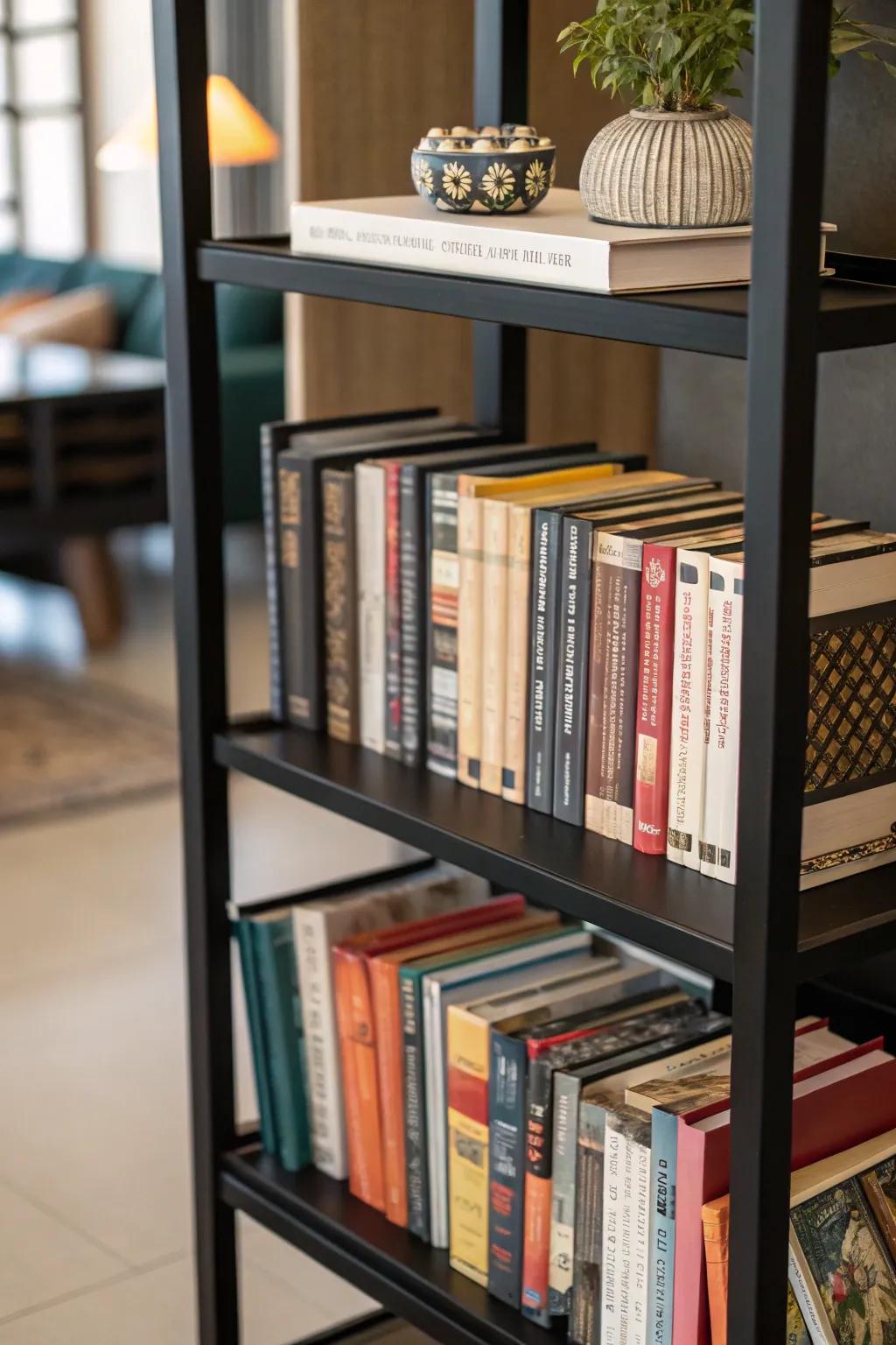 Artfully stacked books upon a black shelf, adding profoundness and individuality.