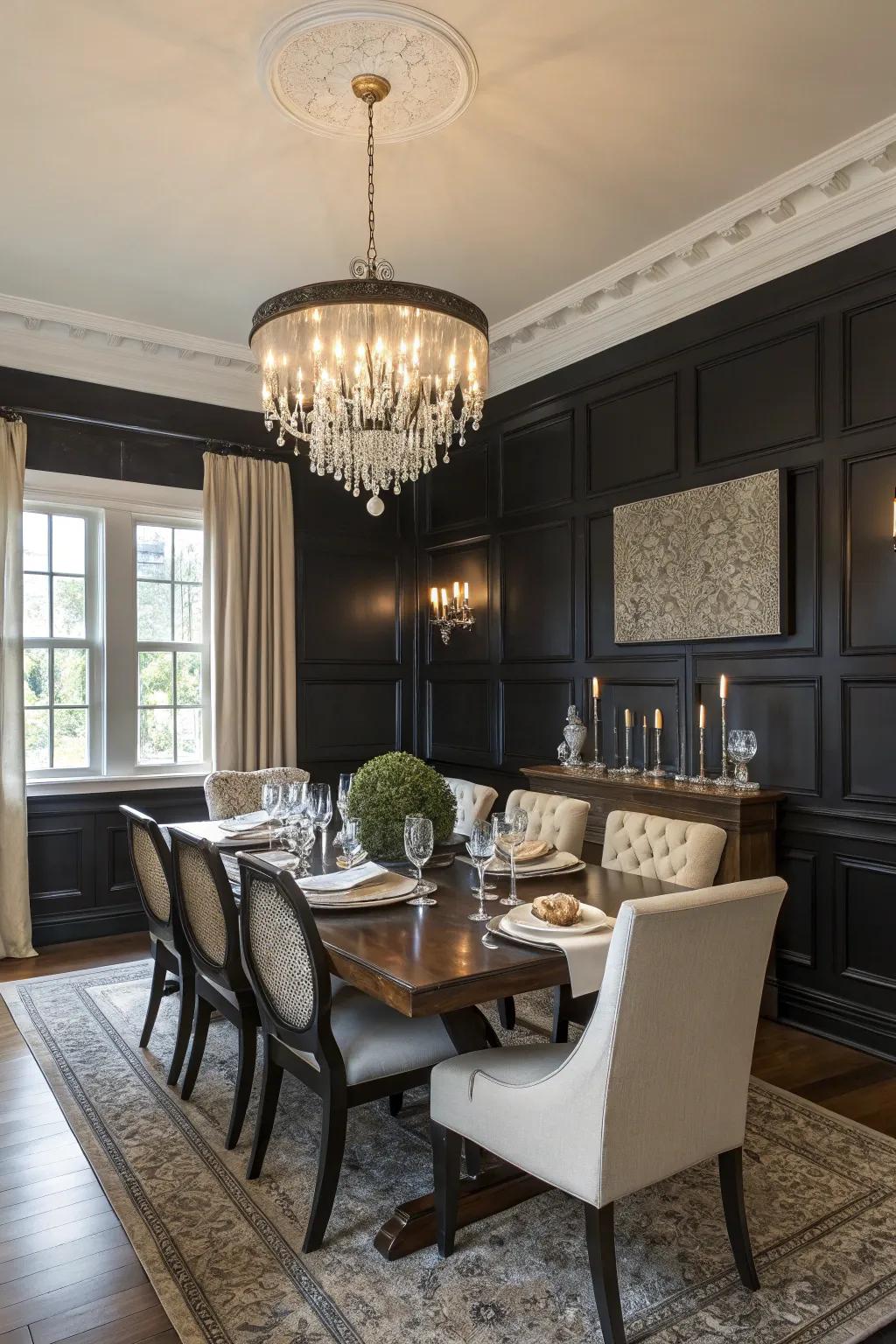 Polished dining space showcasing theatrical dark wainscoting.