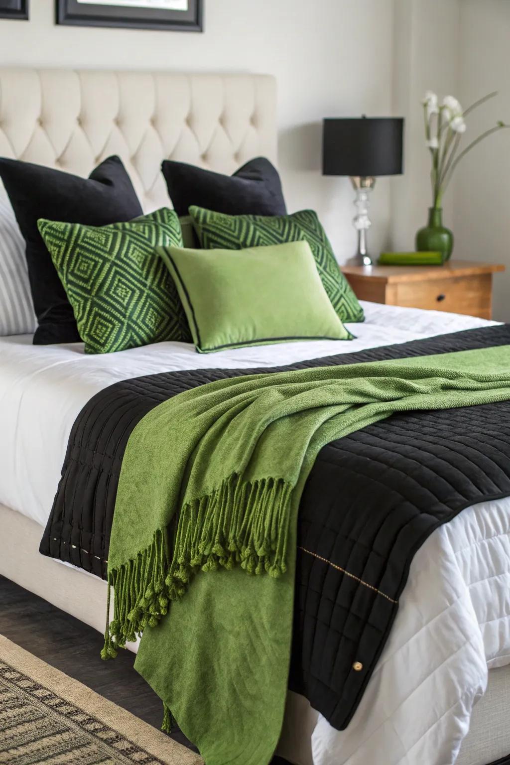 A bed is impeccably styled with black, white, and green bedding for a fresh appearance.