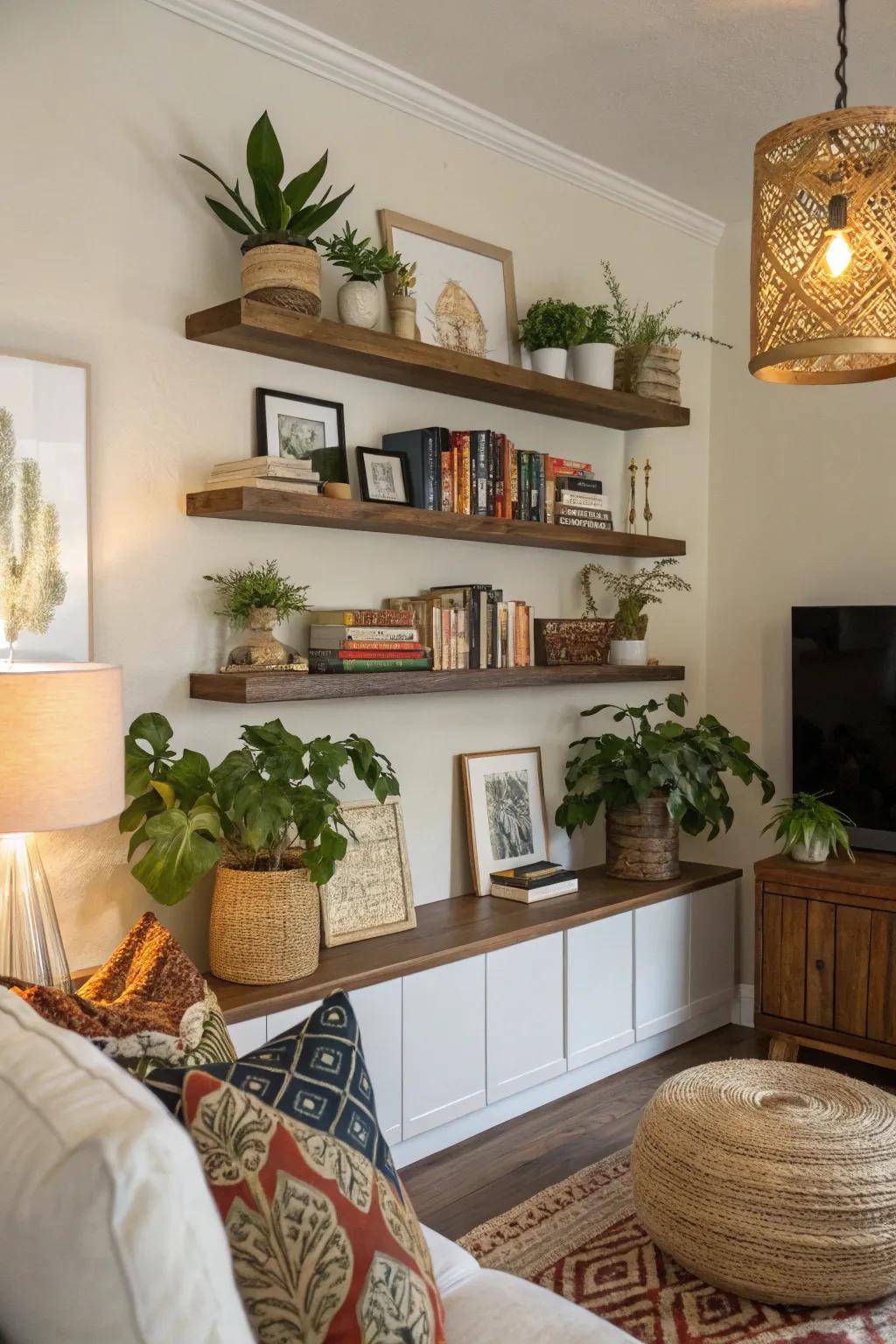 Create visual appeal with floating shelves.