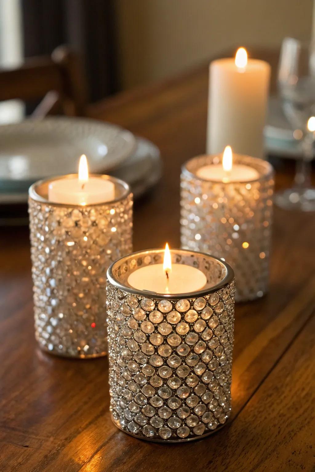 Candle stands reflecting a soft, sparkling light.